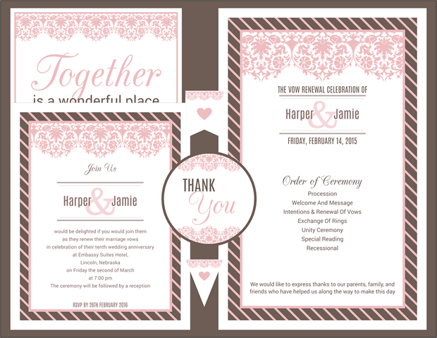 Pink and Brown Lace Vow Renewal Invitation