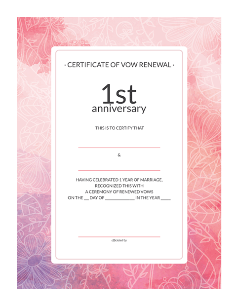 Watercolor 1st-Anniversary Vow Renewal Certificate